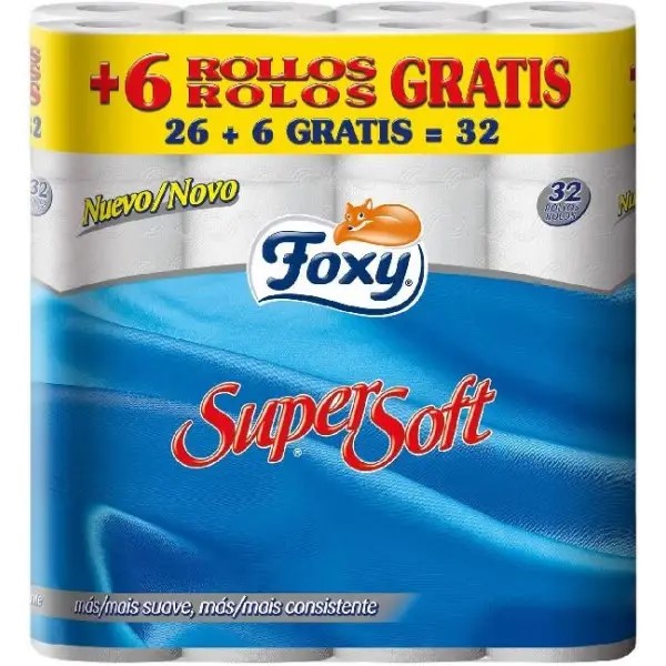 0984  FOXY PAPEL HIGIENICO SUPER SOFT 26+6=32 ROLLOS 2 CAPAS