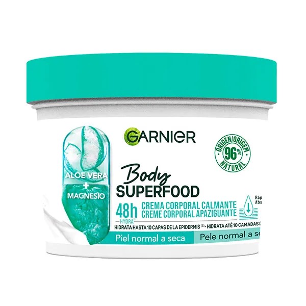 0994  GARNIER BODY SUPERFOOD CALMANTE ALOE VERA Y MAGNESIO 48H. HIDRATACIÓN 380 ML (PIEL EXTRASECA)