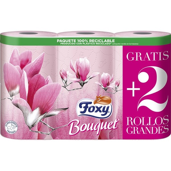 1057  FOXY PAPEL HIGIENICO SEDA BOUQUET ROSA 4+2 ROLLOS 3 CAPAS